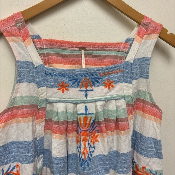 Free People Vintage Embroidered Striped Blue Peach Cotton Tank Top - Picture 7 of 14